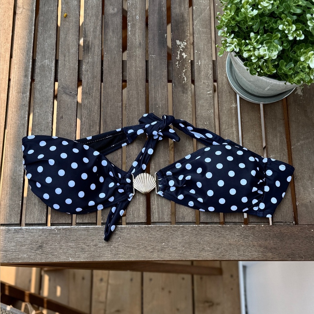 NWOT Black Polka Dot Bikini Top with Shell Accent